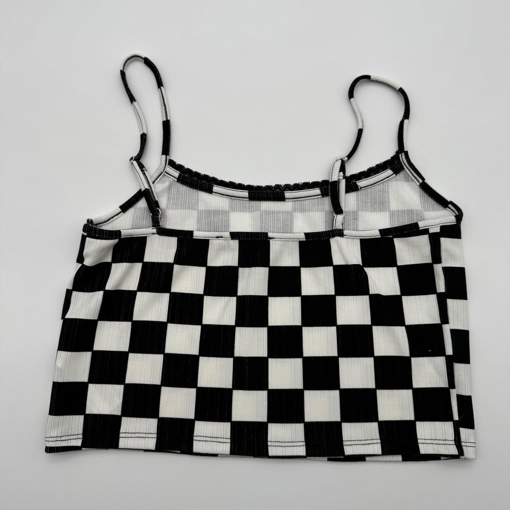 Forever 21 Women Black White Checkerboard Ribbed Lace Trim Cami Crop Top Large - Picture 3 of 4